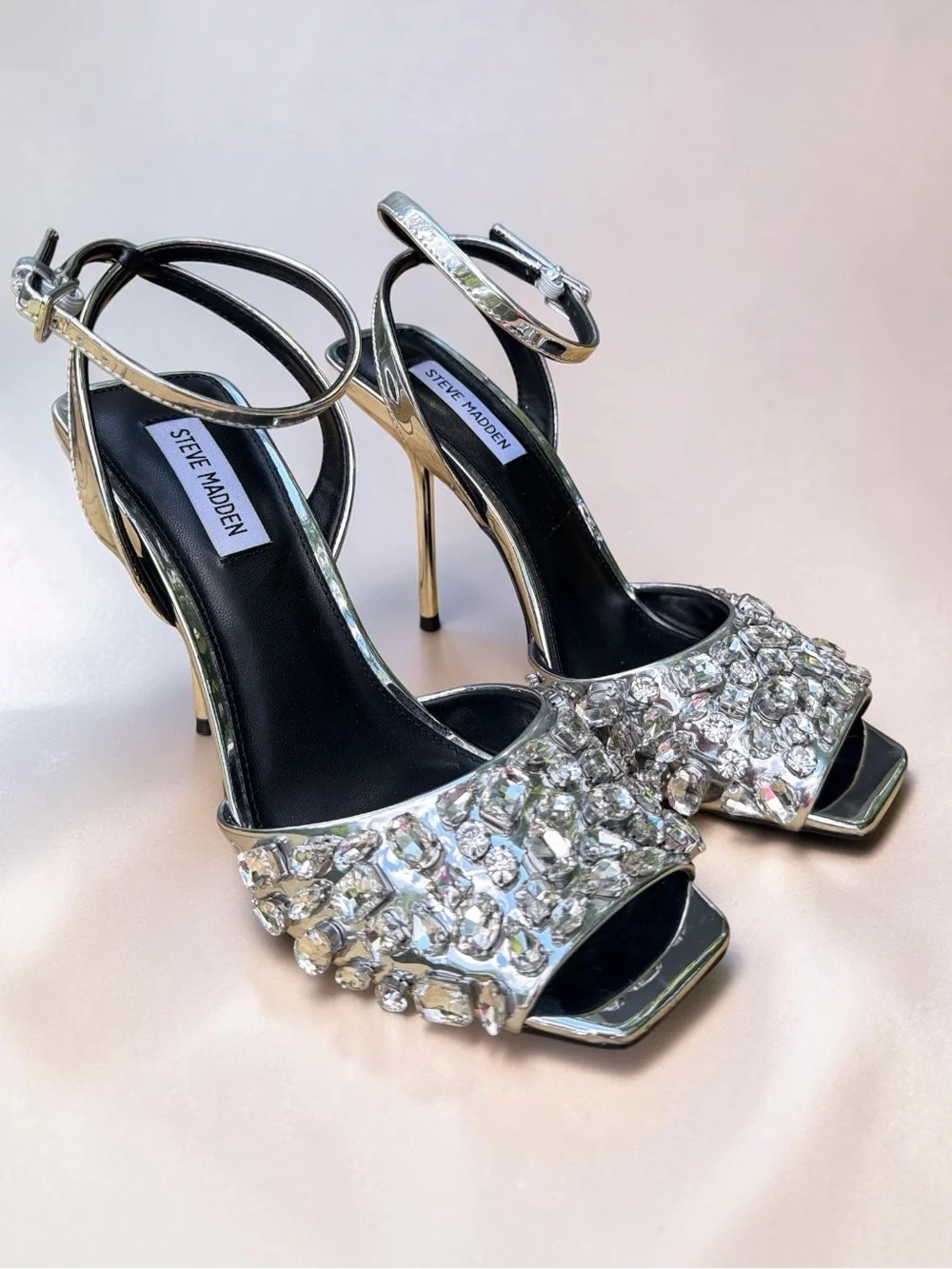 Steve Madden Silver Crystal-Embellished Stiletto Sandals Like New Size 9